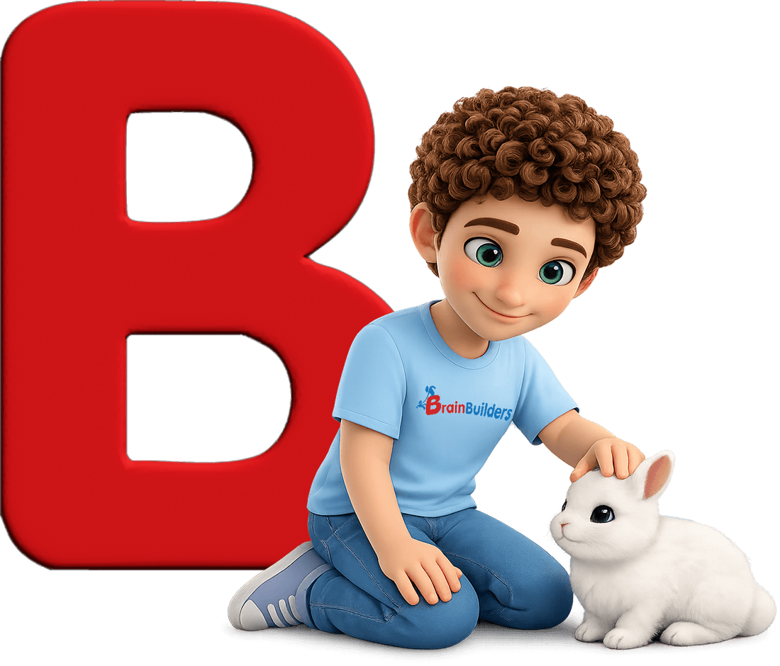 BrainBuilders mascot petting a bunny