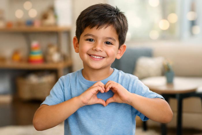 little boy making heart with hands